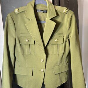 Military Style Chic Gold Button Blazer Quiet Luxury Olive Size 8